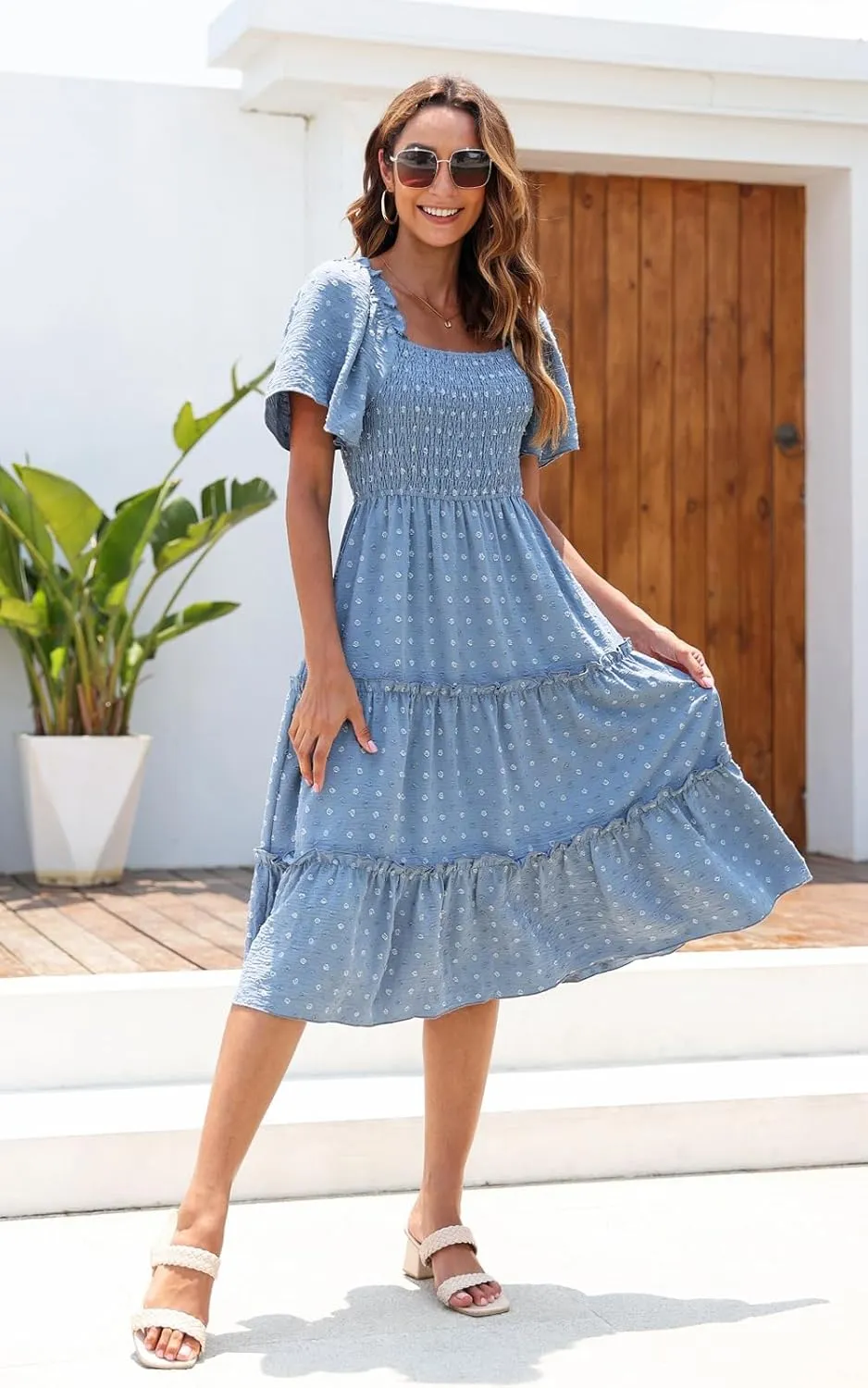 Women's Casual Summer Dress 2025 Square Neck Flutter Sleeve Smocked Tiered Midi Dress Swiss Dot Boho Flowy Dresses
