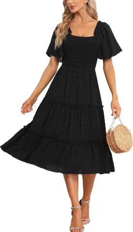 Women's Casual Summer Dress 2025 Square Neck Flutter Sleeve Smocked Tiered Midi Dress Swiss Dot Boho Flowy Dresses
