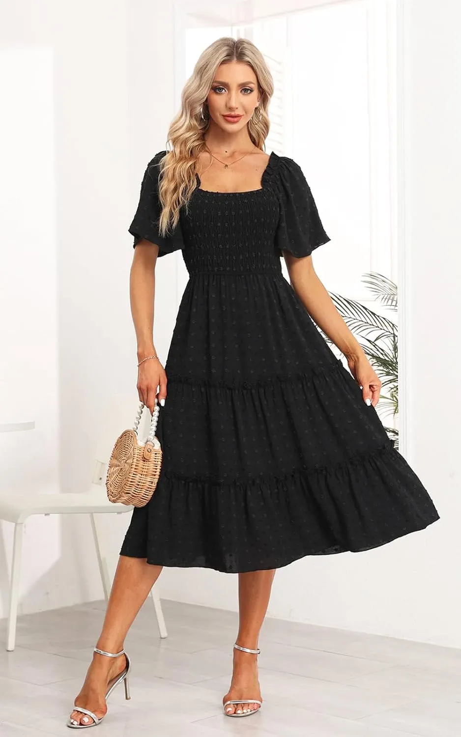 Women's Casual Summer Dress 2025 Square Neck Flutter Sleeve Smocked Tiered Midi Dress Swiss Dot Boho Flowy Dresses
