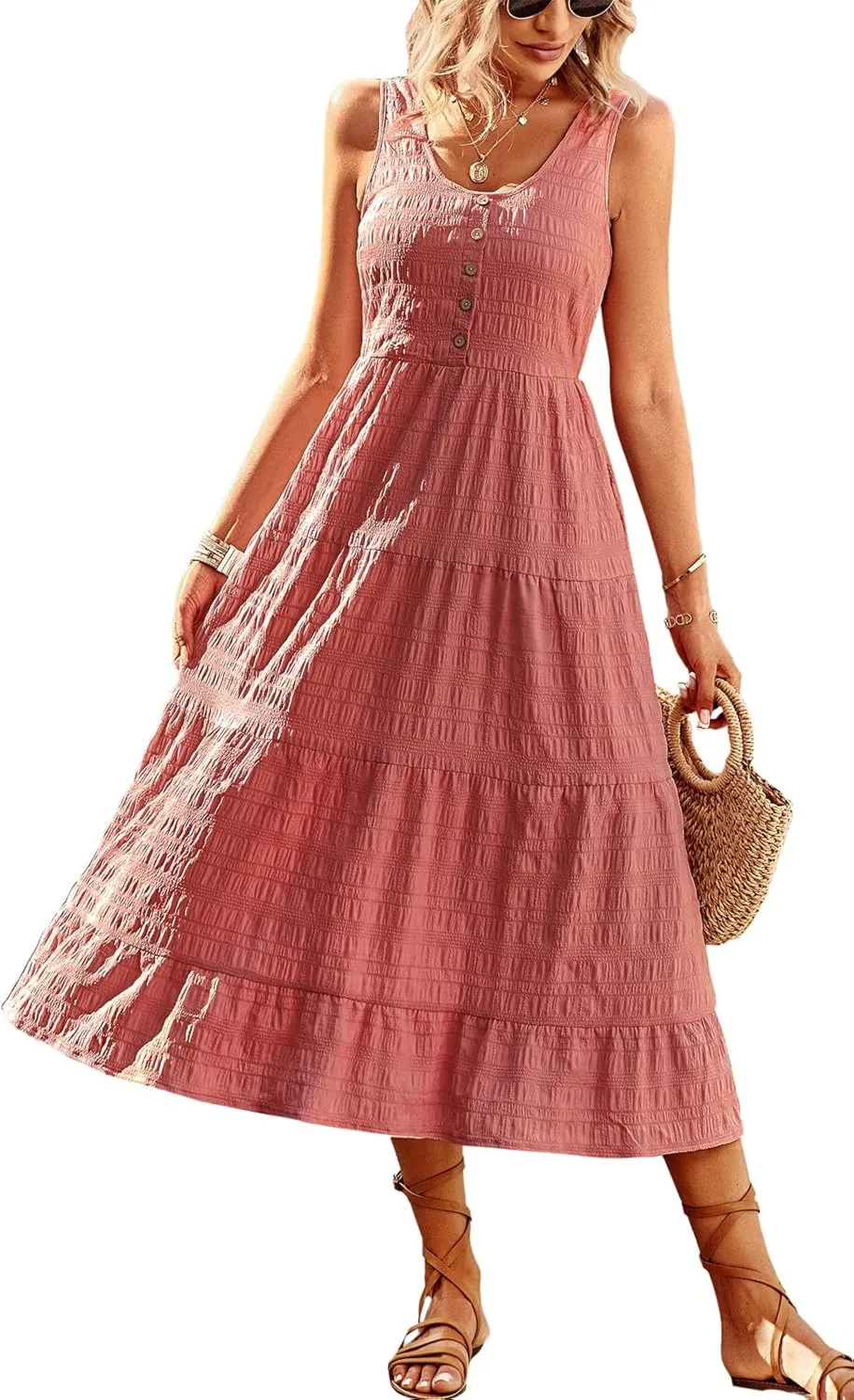 Women's Casual Summer Dress Loose Sleeveless Tank Dresses Smocked Tiered Flowy Midi Sundress with Pockets