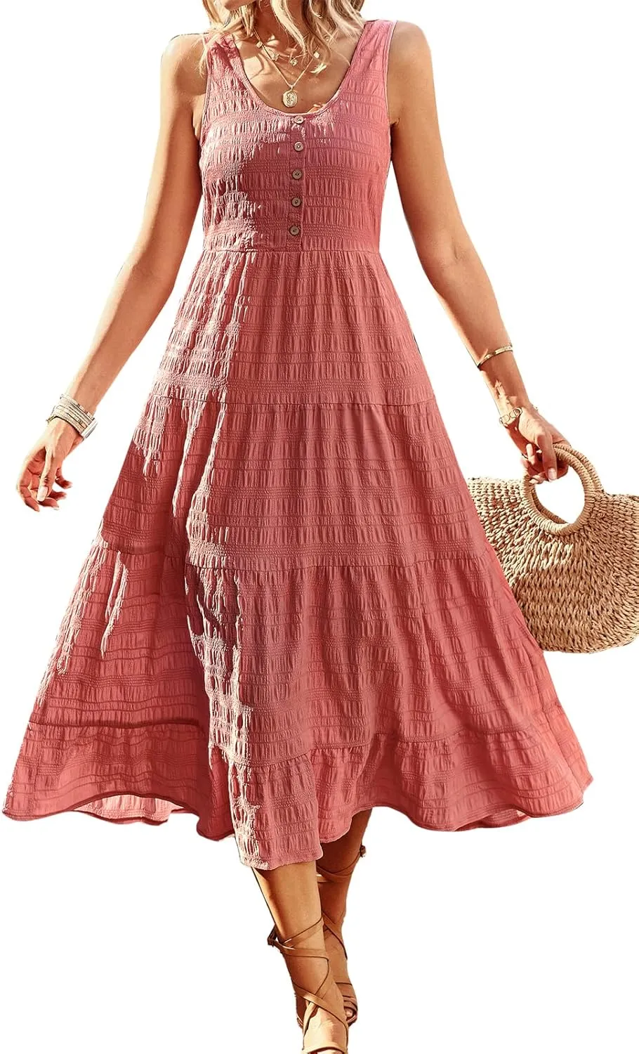 Women's Casual Summer Dress Loose Sleeveless Tank Dresses Smocked Tiered Flowy Midi Sundress with Pockets