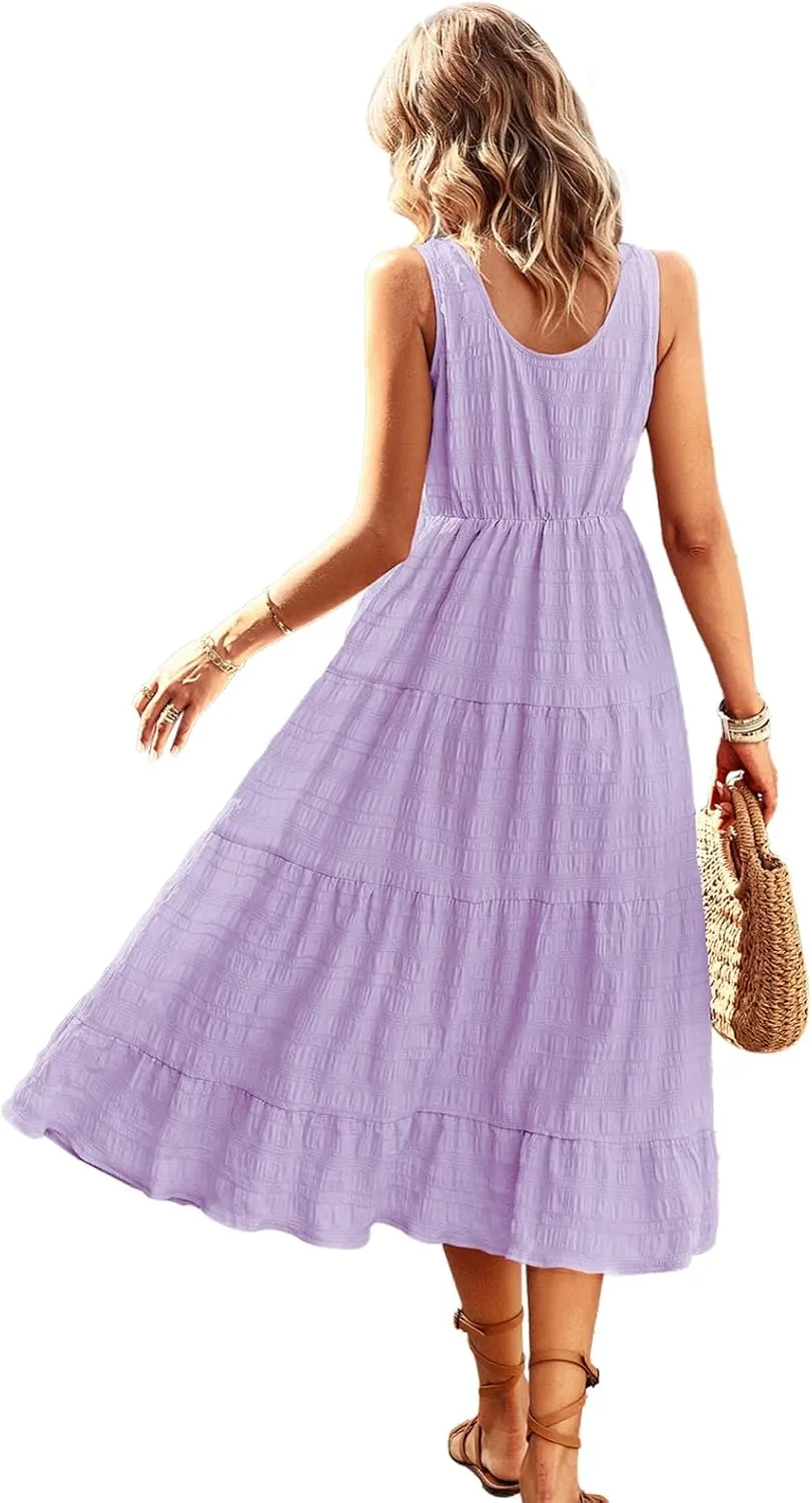 Women's Casual Summer Dress Loose Sleeveless Tank Dresses Smocked Tiered Flowy Midi Sundress with Pockets