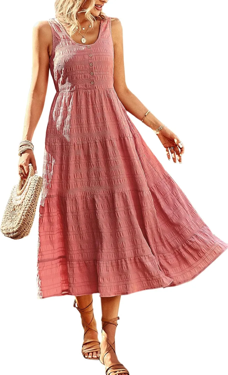 Women's Casual Summer Dress Loose Sleeveless Tank Dresses Smocked Tiered Flowy Midi Sundress with Pockets