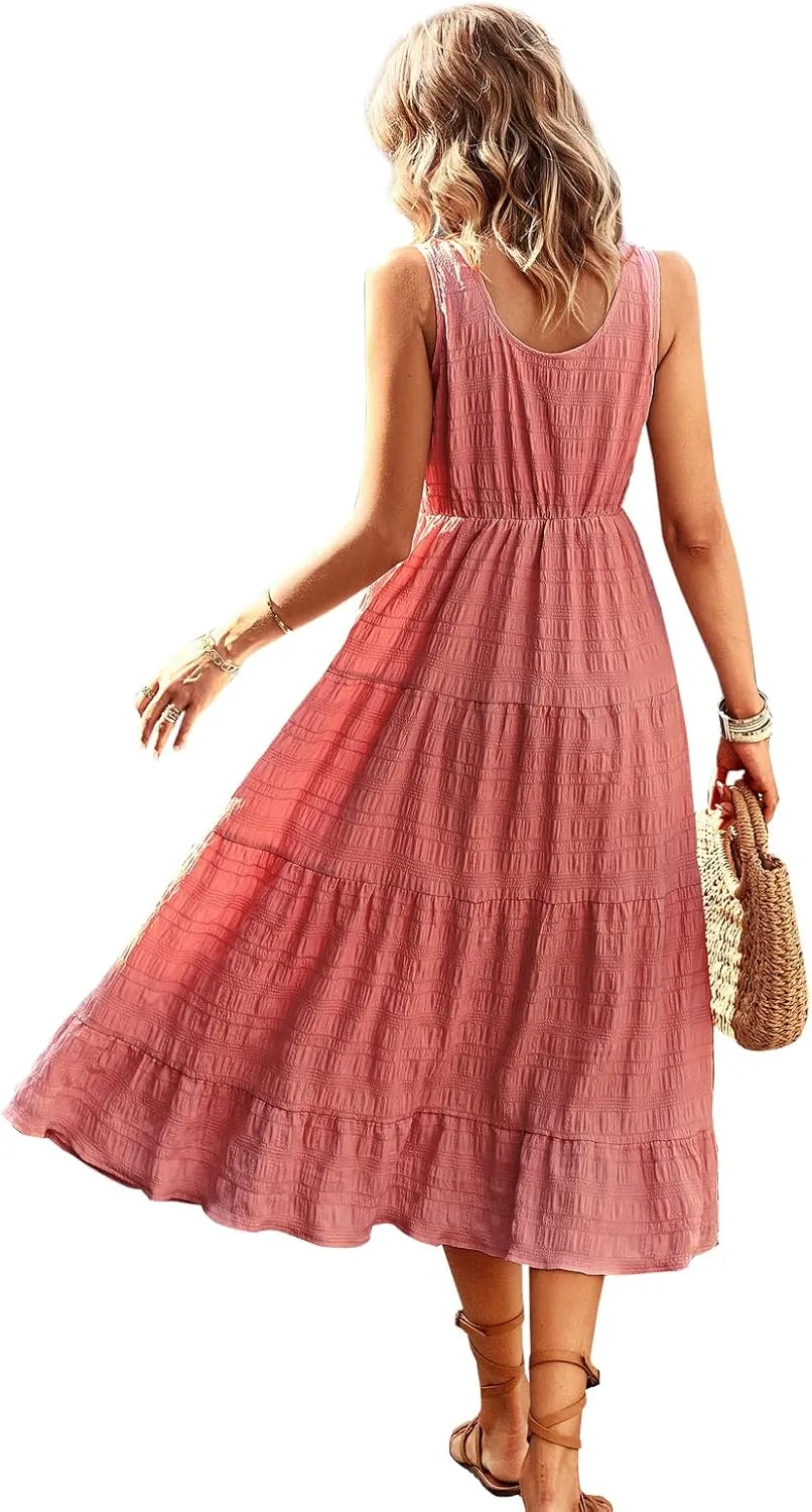 Women's Casual Summer Dress Loose Sleeveless Tank Dresses Smocked Tiered Flowy Midi Sundress with Pockets