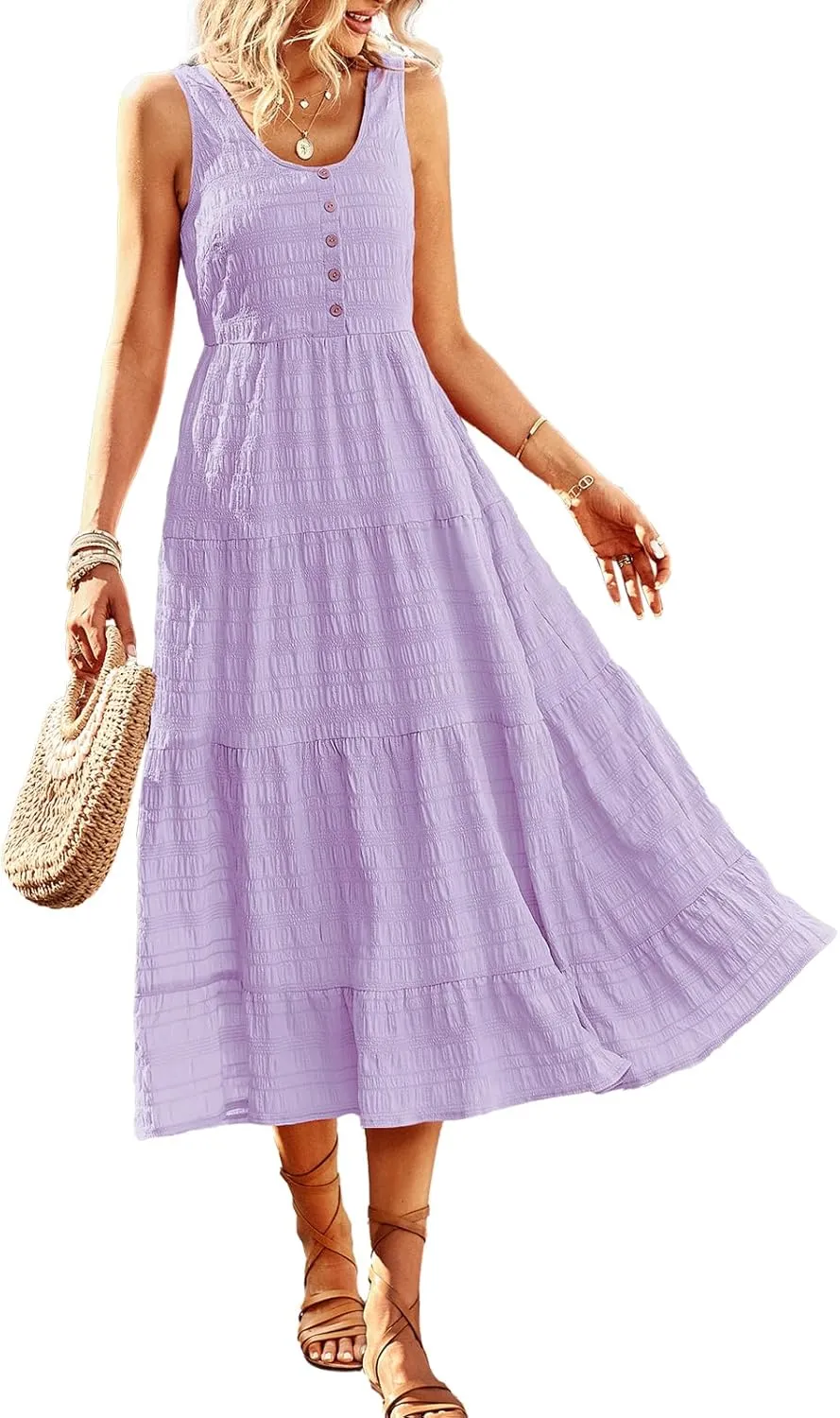 Women's Casual Summer Dress Loose Sleeveless Tank Dresses Smocked Tiered Flowy Midi Sundress with Pockets