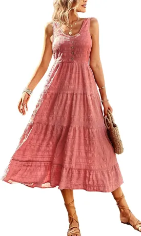 Women's Casual Summer Dress Loose Sleeveless Tank Dresses Smocked Tiered Flowy Midi Sundress with Pockets