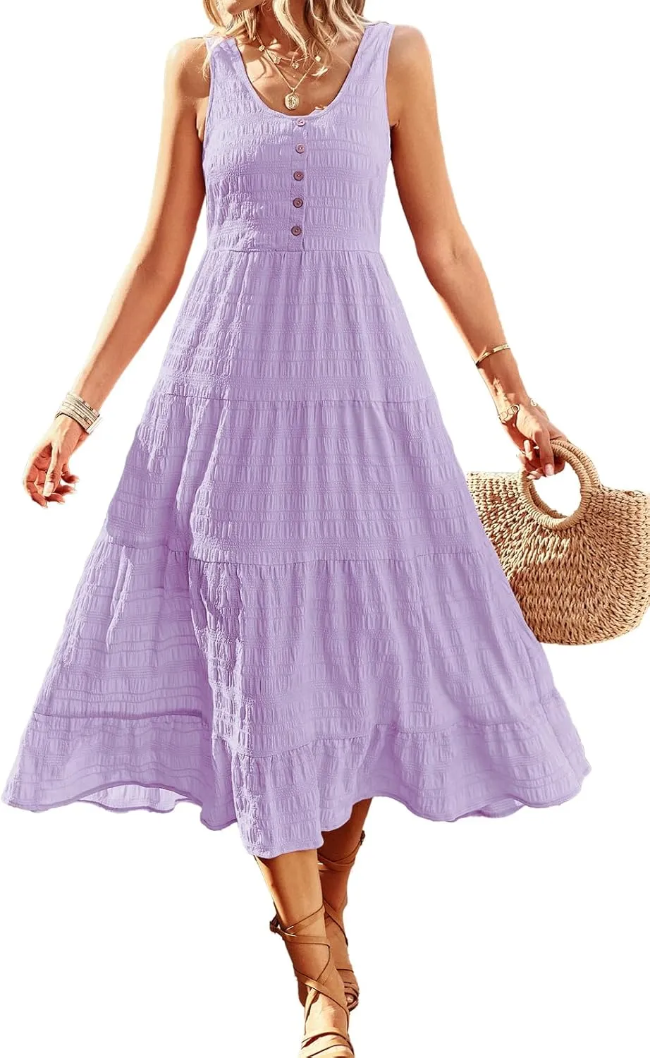 Women's Casual Summer Dress Loose Sleeveless Tank Dresses Smocked Tiered Flowy Midi Sundress with Pockets