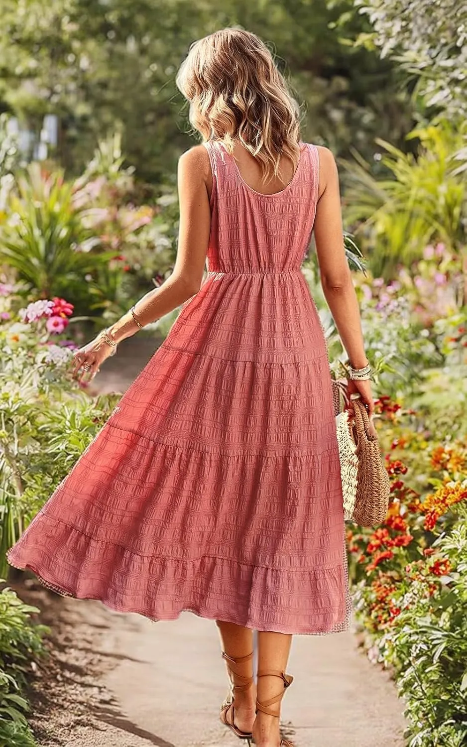 Women's Casual Summer Dress Loose Sleeveless Tank Dresses Smocked Tiered Flowy Midi Sundress with Pockets