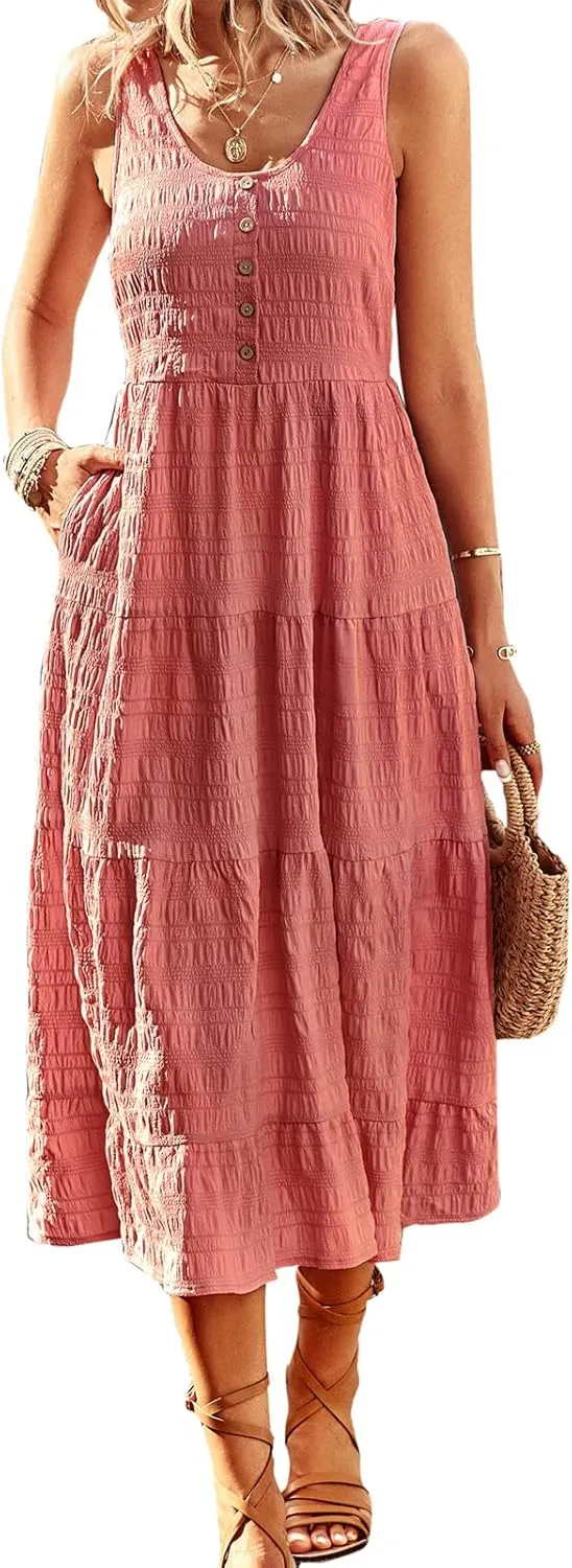 Women's Casual Summer Dress Loose Sleeveless Tank Dresses Smocked Tiered Flowy Midi Sundress with Pockets