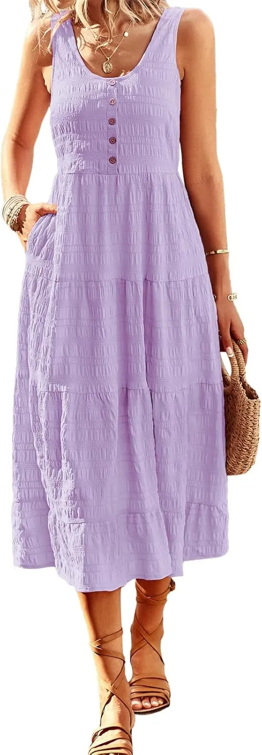 Women's Casual Summer Dress Loose Sleeveless Tank Dresses Smocked Tiered Flowy Midi Sundress with Pockets