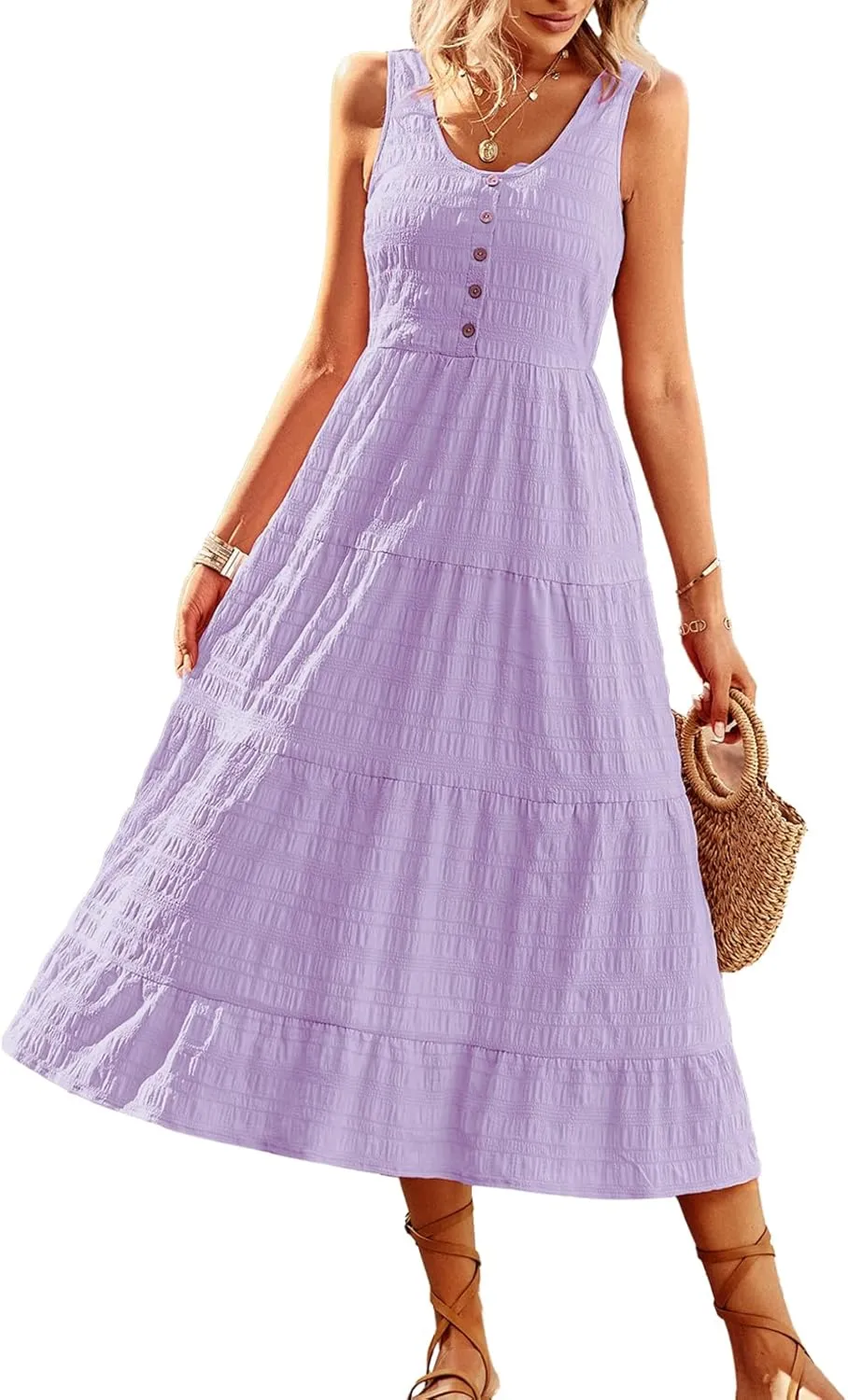 Women's Casual Summer Dress Loose Sleeveless Tank Dresses Smocked Tiered Flowy Midi Sundress with Pockets