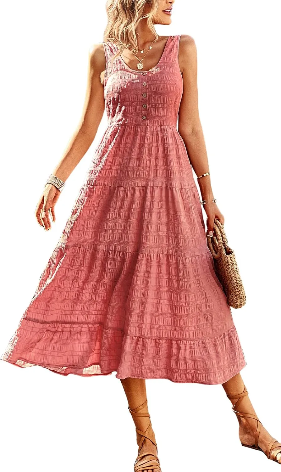 Women's Casual Summer Dress Loose Sleeveless Tank Dresses Smocked Tiered Flowy Midi Sundress with Pockets
