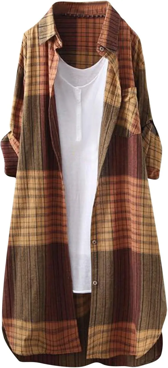 Womens Oversized Button Down Plaid Shacket Shirt with Pockets Roll Up Long Sleeve Casual Boyfriend Tunic Blouse Top