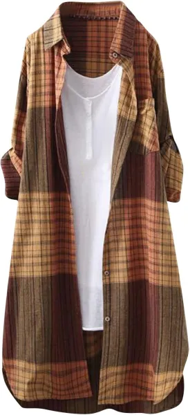 Womens Oversized Button Down Plaid Shacket Shirt with Pockets Roll Up Long Sleeve Casual Boyfriend Tunic Blouse Top