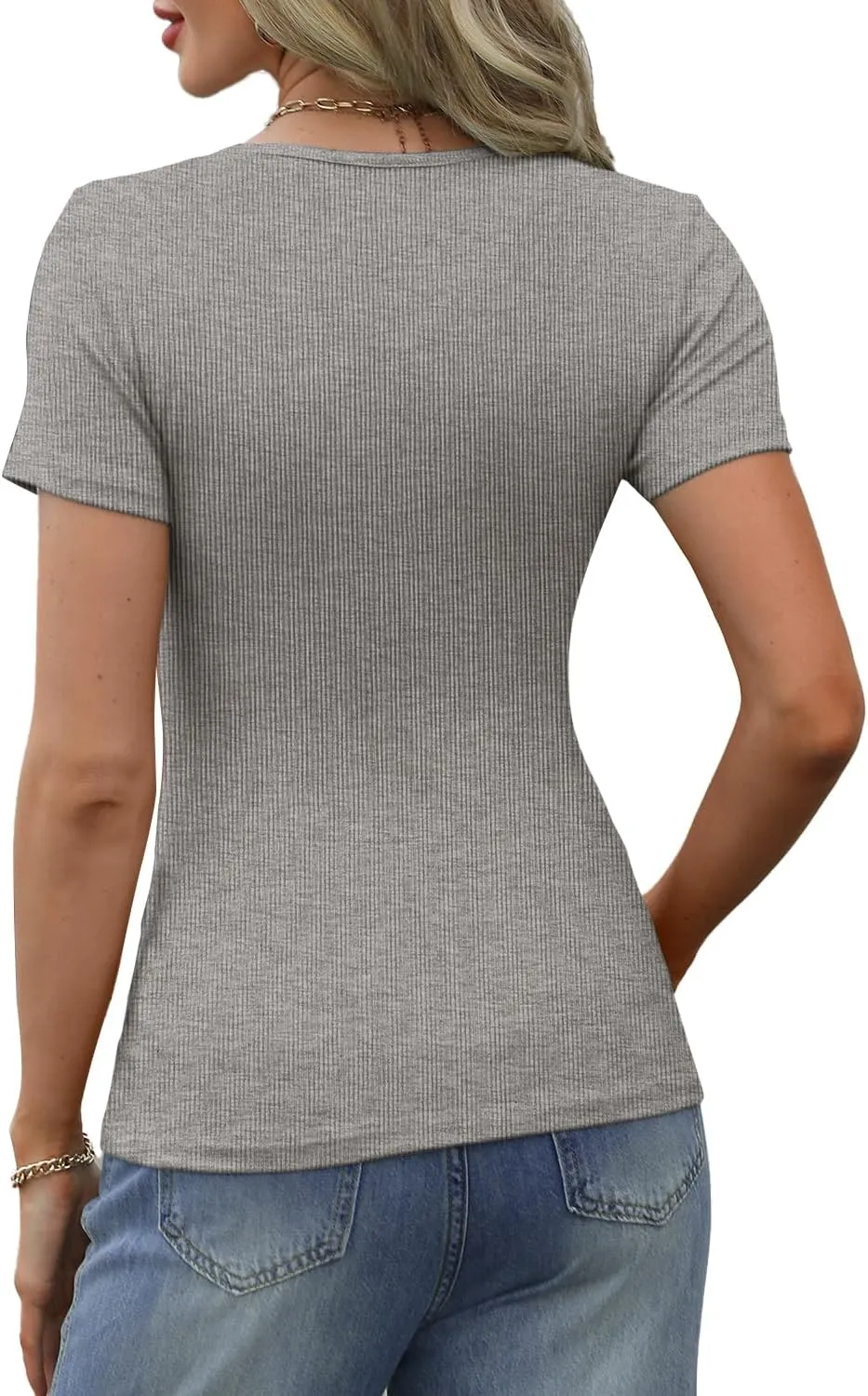 Women's Short Sleeve Tops Ribbed Casual Button Up Henley Shirts Scoop Neck Fitted Cute 2025 Summer Basic Tee Tshirts