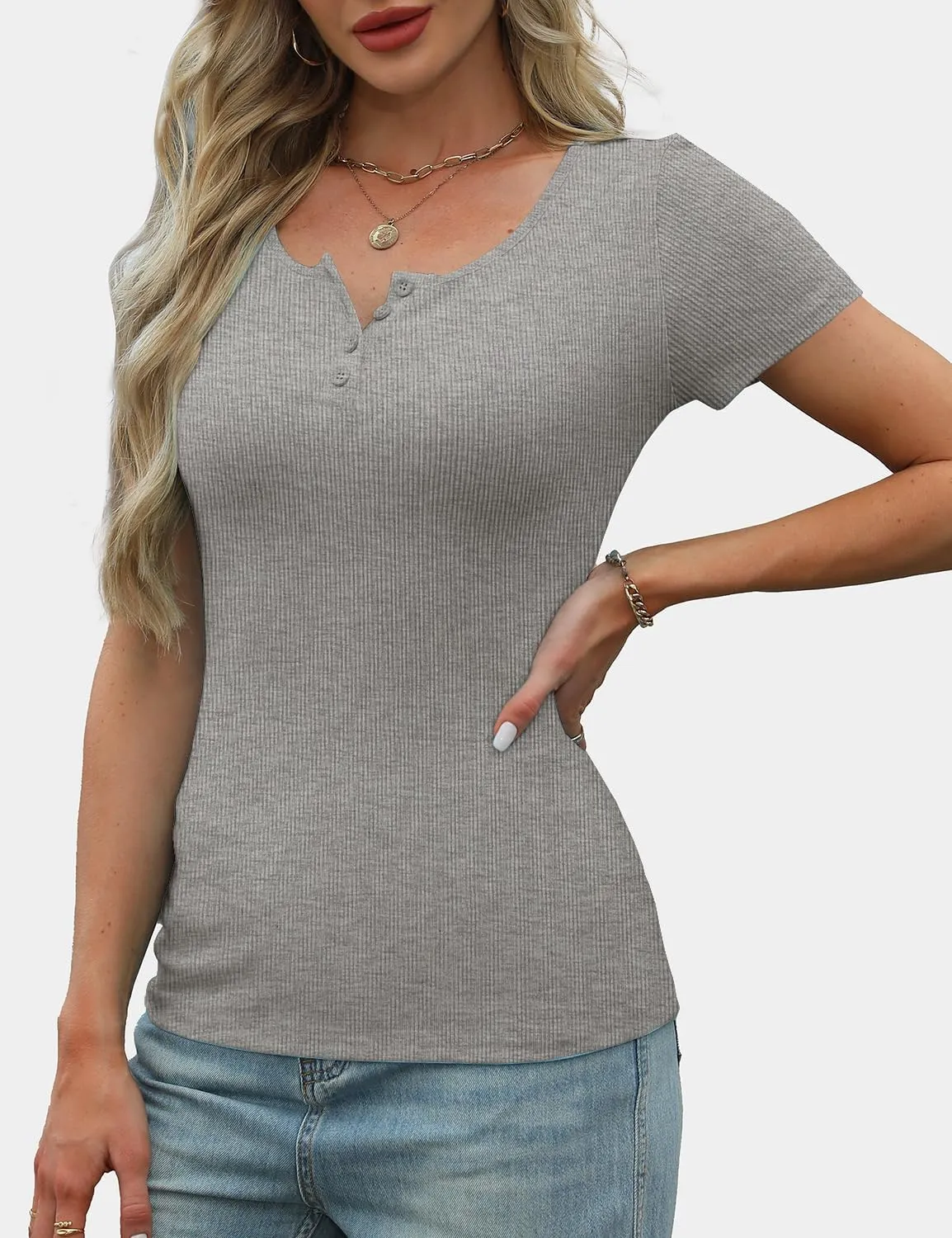 Women's Short Sleeve Tops Ribbed Casual Button Up Henley Shirts Scoop Neck Fitted Cute 2025 Summer Basic Tee Tshirts