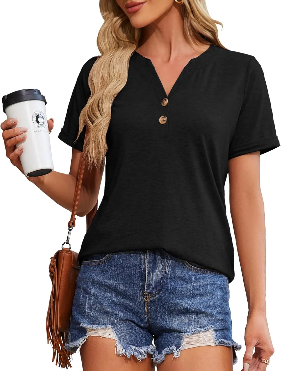 Womens Tops Trendy V Neck Button Down Short Sleeve Tshirts Business Casual Basic Tee Loose Fit