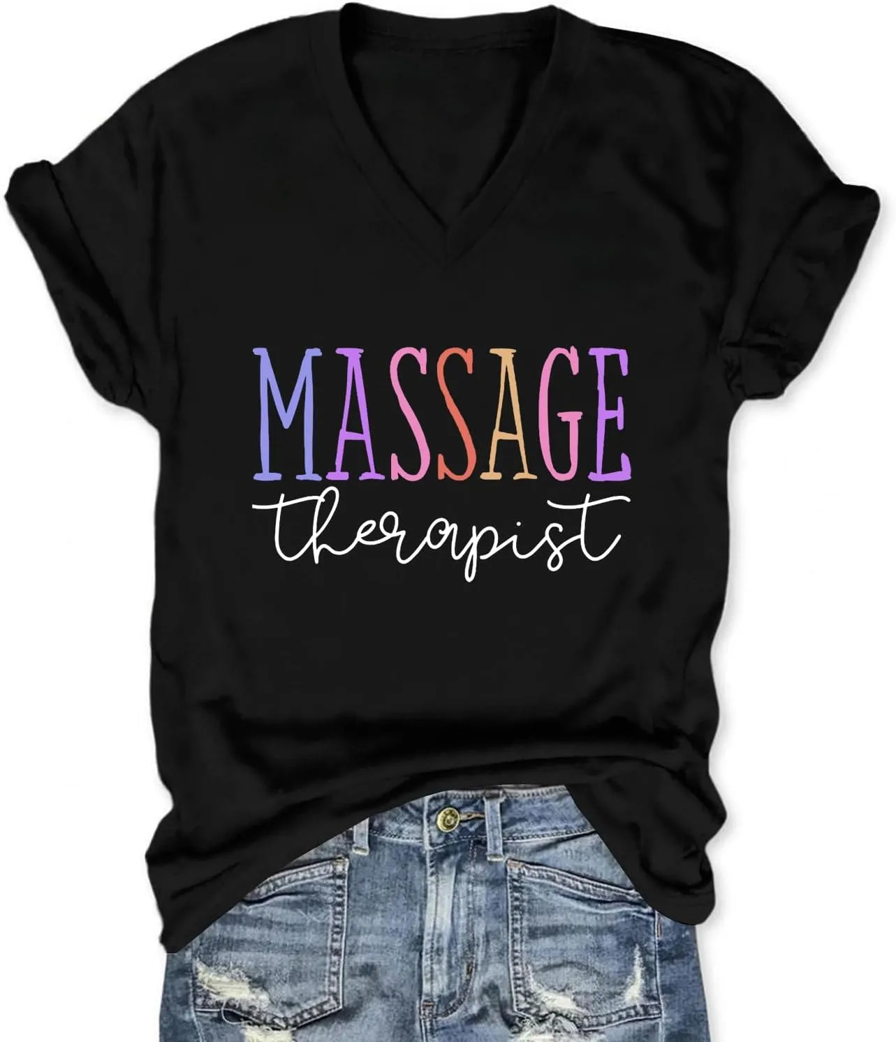 Womens V Neck Funny Massage Therapist T-Shirt Massage Therapy Graphic Tees Casual Summer Printed Short Sleeve Tops