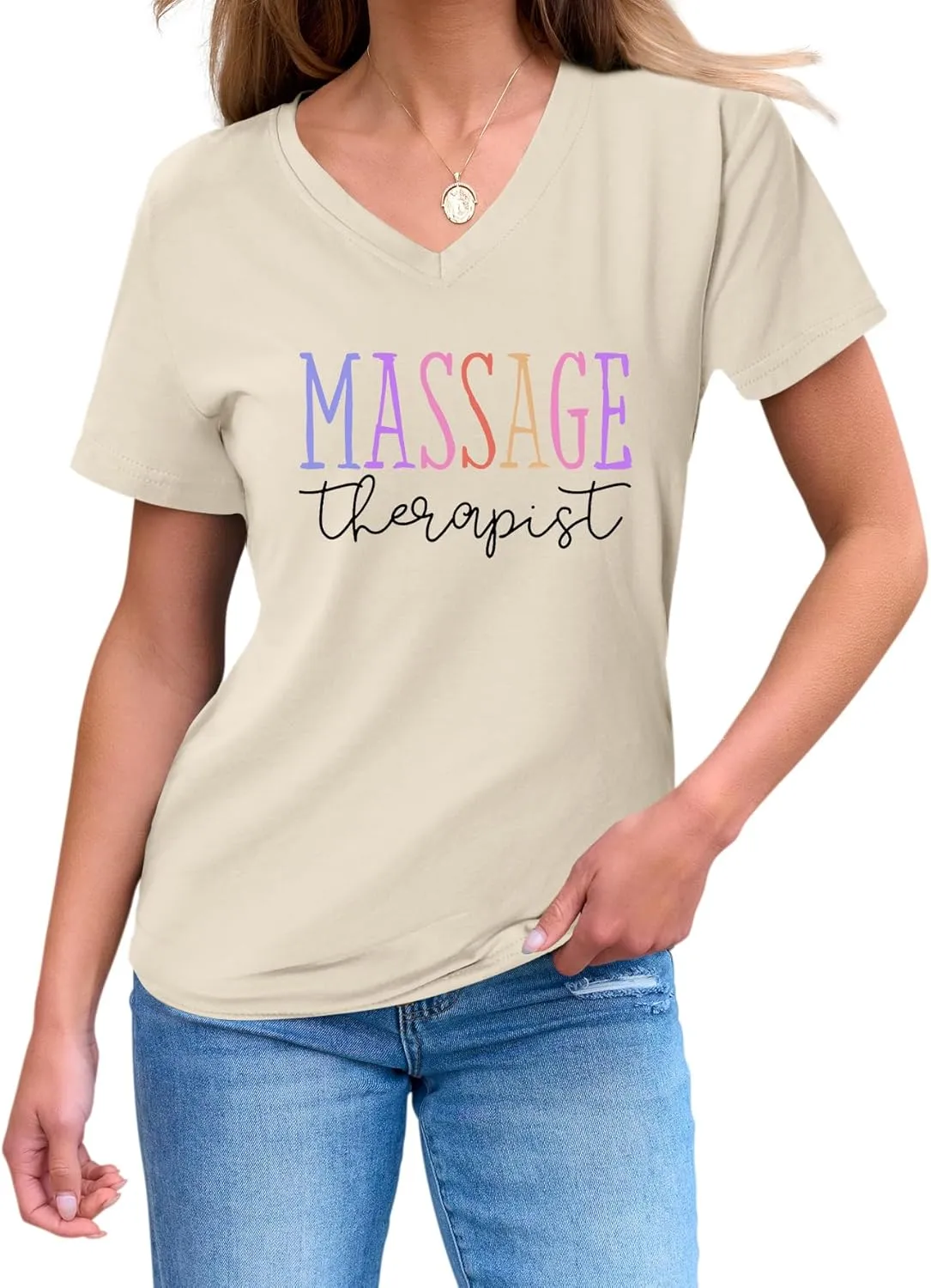 Womens V Neck Funny Massage Therapist T-Shirt Massage Therapy Graphic Tees Casual Summer Printed Short Sleeve Tops