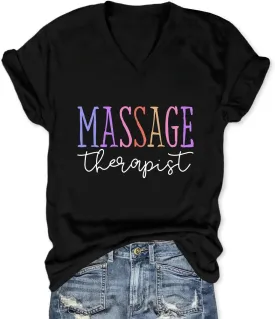 Womens V Neck Funny Massage Therapist T-Shirt Massage Therapy Graphic Tees Casual Summer Printed Short Sleeve Tops