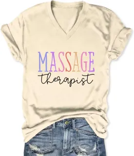 Womens V Neck Funny Massage Therapist T-Shirt Massage Therapy Graphic Tees Casual Summer Printed Short Sleeve Tops