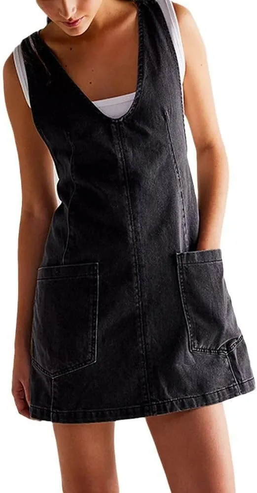 yoeasy Women's V Neck Sleeveless Denim Overall Dress Adjustable Strap Summer Mini Pinafore Jean Dress with Pockets