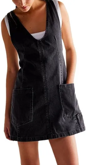 yoeasy Women's V Neck Sleeveless Denim Overall Dress Adjustable Strap Summer Mini Pinafore Jean Dress with Pockets
