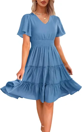 Zattcas Women 2025 Sping Summer Dress V Neck Smocked Waist Casual Flowy A Line Tiered Work Midi Dresses