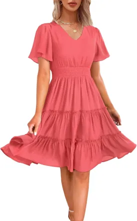 Zattcas Women 2025 Sping Summer Dress V Neck Smocked Waist Casual Flowy A Line Tiered Work Midi Dresses