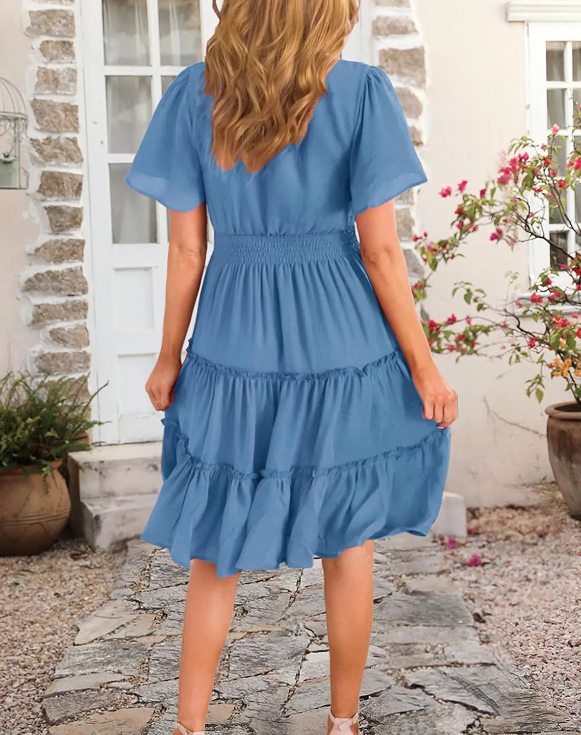 Zattcas Women 2025 Sping Summer Dress V Neck Smocked Waist Casual Flowy A Line Tiered Work Midi Dresses