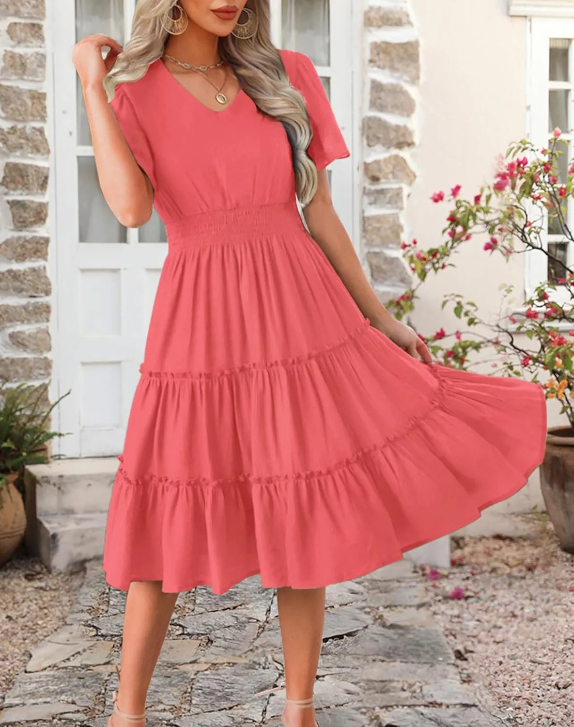 Zattcas Women 2025 Sping Summer Dress V Neck Smocked Waist Casual Flowy A Line Tiered Work Midi Dresses