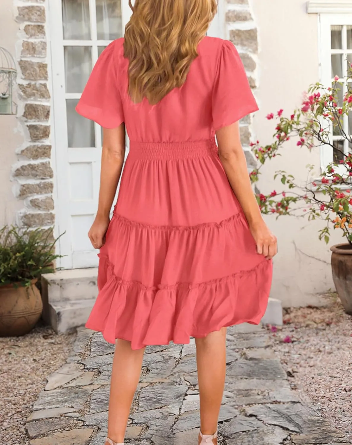 Zattcas Women 2025 Sping Summer Dress V Neck Smocked Waist Casual Flowy A Line Tiered Work Midi Dresses